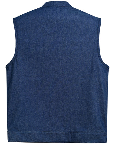 Back view of a sleeveless Daniel Smart Men's Blue Rough Rub-Off Raw Finish Denim Vest with concealed gun pockets and no visible embellishments.
