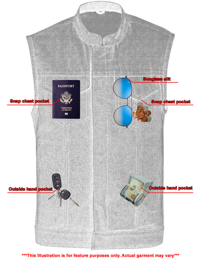 Illustration of a Daniel Smart Men's Blue Rough Rub-Off Raw Finish Denim Vest with reinforced shoulder support and labeled pockets containing items like a passport, sunglasses, car keys, and cash. Note states image is for illustrative purposes only.