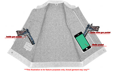 Illustration of a Daniel Smart Men's Blue Rough Rub-Off Raw Finish Denim Vest laid flat with labeled pockets for an inhaler, mobile phone, and concealed gun, including a disclaimer about the illustration's purpose