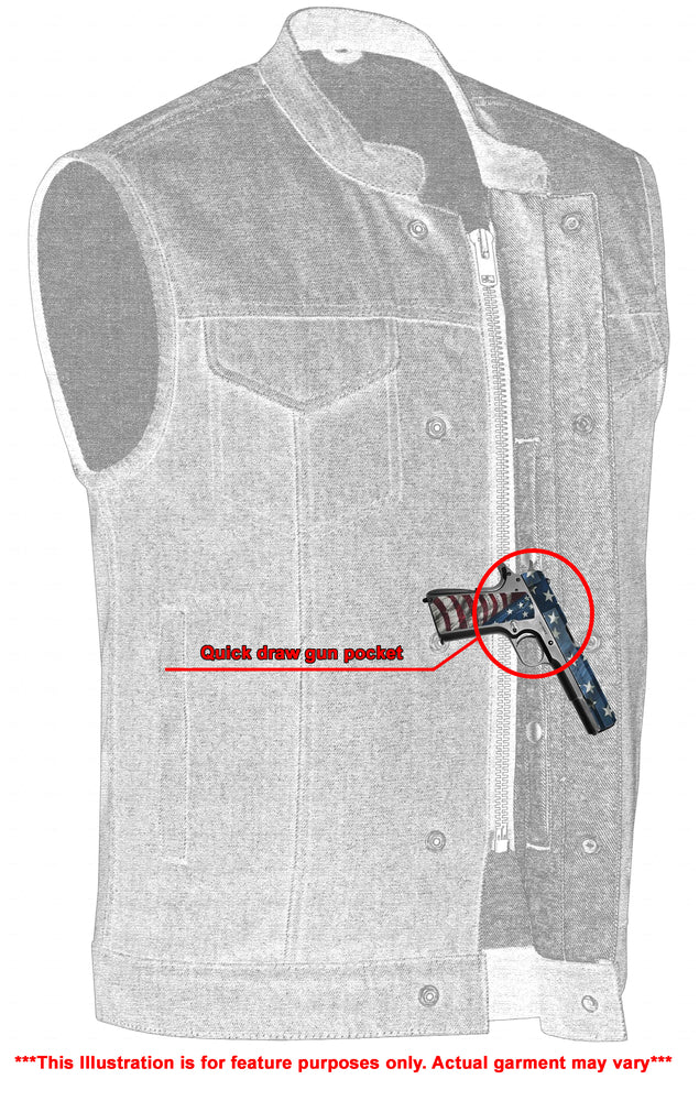 Illustration of a Daniel Smart Men's Blue Rough Rub-Off Raw Finish Denim vest highlighting concealed gun pockets on the left side, circled in red. Text notes that the garment shown is only for feature demonstration.