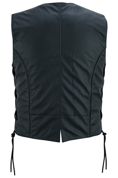 Back view of the Daniel Smart Women's Ultra-Thin Braided Vest in black, crafted from Soft Drum Dyed Goat Leather, featuring side laces and concealed gun pockets for added functionality.