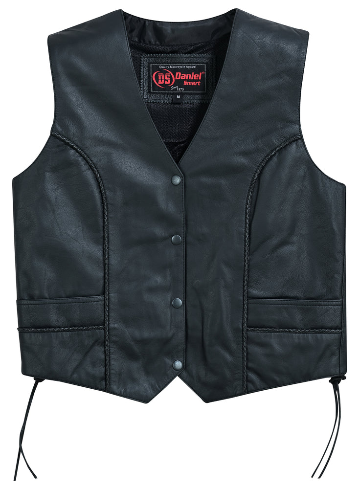 The Daniel Smart Women's Ultra-Thin Braided Vest is crafted from Soft Drum Dyed Goat Leather and boasts snap buttons, a V-neck, and two front pockets. This stylish black leather vest includes concealed gun pockets and side laces for a customized fit. The "Daniel Smart" label is located inside the collar area.