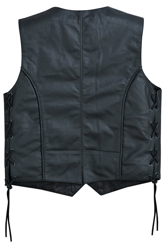 The Daniel Smart Women's Ultra-Thin Braided Vest, crafted from soft drum dyed black goat leather, features laced sides and a detailed back panel. The vest is laid flat, highlighting its intricate back design.