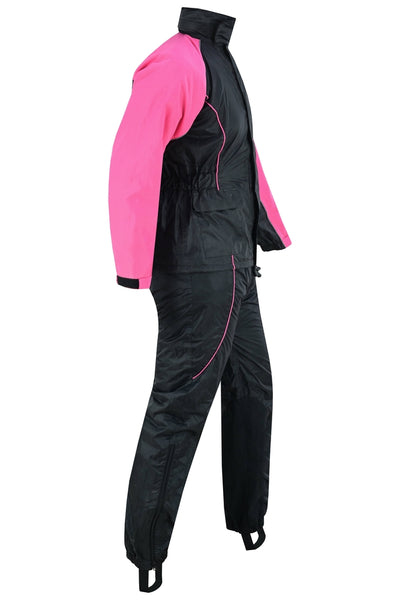 A Daniel Smart Women's Rain Suit in hot pink and black, featuring a high collar, full-length zipper, and reflective piping, is displayed on a white background.