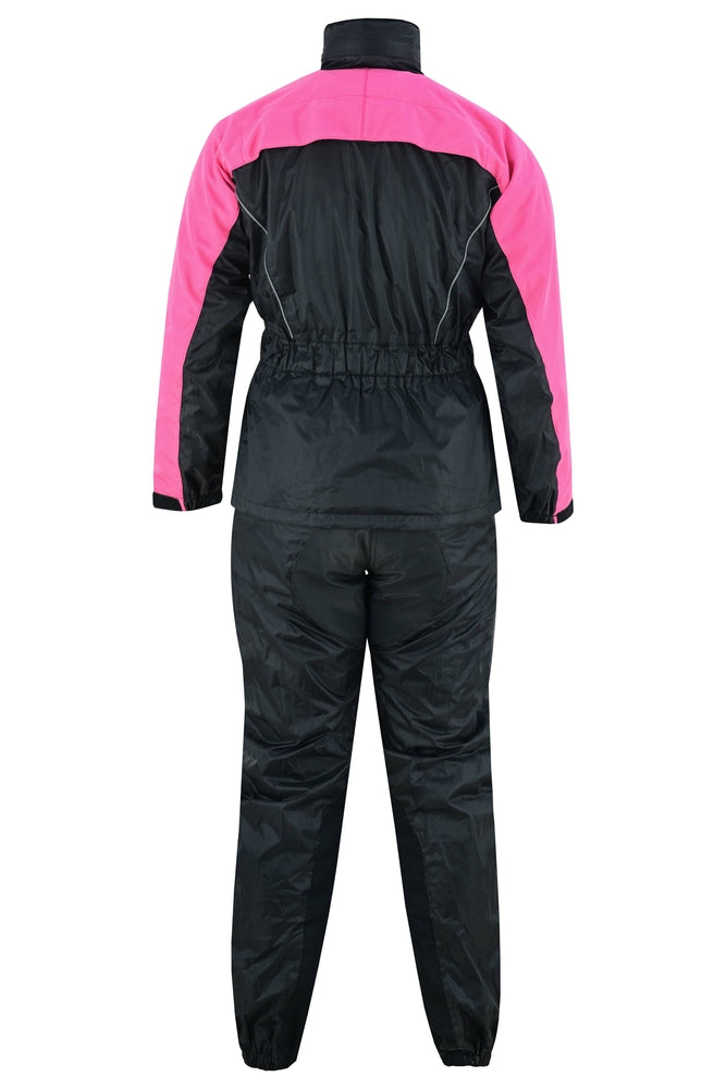 Rear view of the Daniel Smart Women's Rain Suit in Hot Pink, featuring a black and pink color scheme, waterproof construction, adjustable web belt, elastic waistband, and reflective piping.