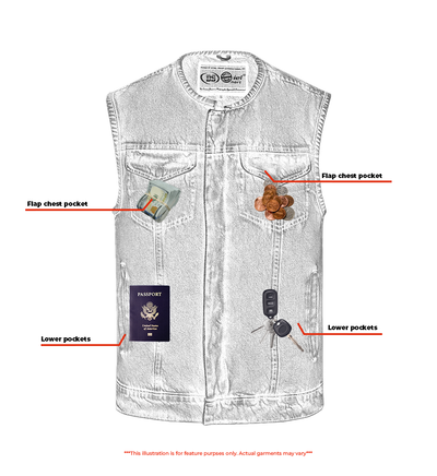 Daniel Smart Concealed Snaps Denim Vest features labeled pockets containing various items: two flap chest pockets (showing cash and coins) and two lower pockets (holding a passport and car keys). The reinforced shoulder support ensures durability. "Illustration for feature purposes only.