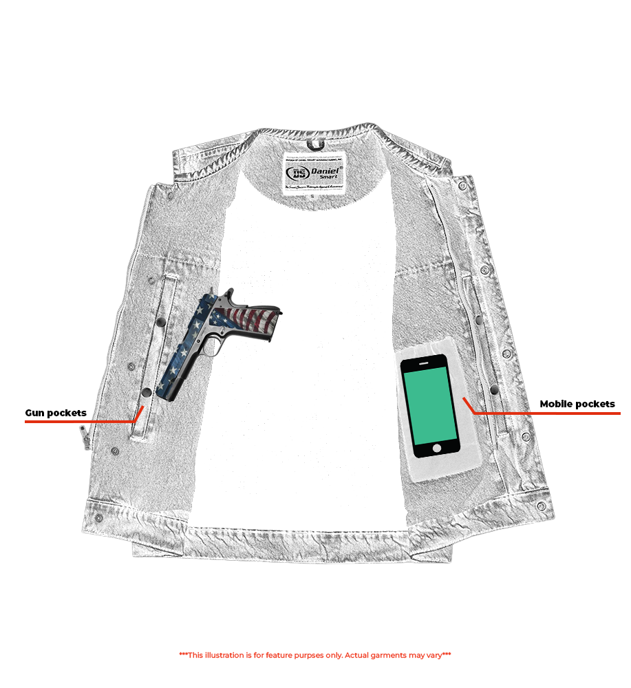 Illustration of the interior of a Daniel Smart Concealed Snaps denim vest with reinforced shoulder support: one side labeled 'Concealed Gun Pockets' holding a pistol, and the other side labeled 'Mobile Pockets' holding a smartphone.