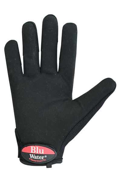 The Daniel Smart Tool Time is a durable black glove crafted from synthetic leather, showcasing a red and white "Blu Water" logo on the wrist area. It is displayed with the palm facing up and includes breathable mesh accents for enhanced comfort.