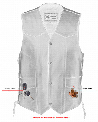 Daniel Smart Traditional Single Back Panel Concealed Carry Vest with front buttons and two outside pockets. The left pocket holds a car key and remote, while the right pocket contains some coins. Text at the bottom notes the image is for illustration purposes only, highlighting a similar design to a men's black leather vest in motorcycle gear collections.