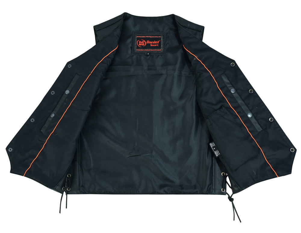 An open black Daniel Smart Traditional Single Back Panel Concealed Carry Vest with orange piping, featuring multiple snap buttons and an interior label, designed with the rugged appeal of motorcycle gear.