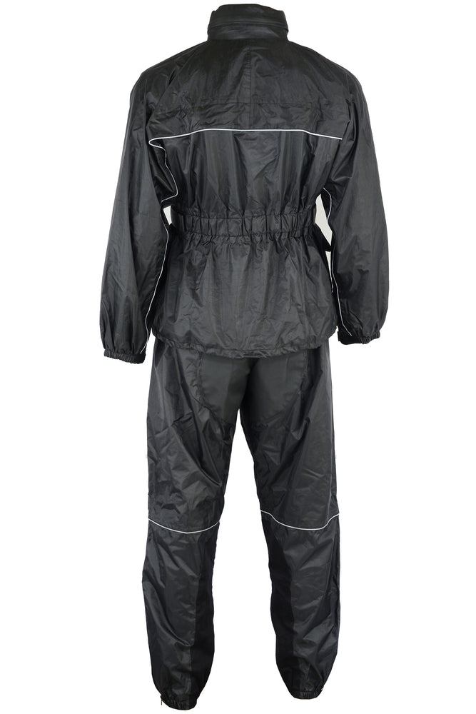 A black, full-body Daniel Smart Rain Suit with long sleeves and pants, featuring reflective piping accents and an elastic waistband viewed from the back.