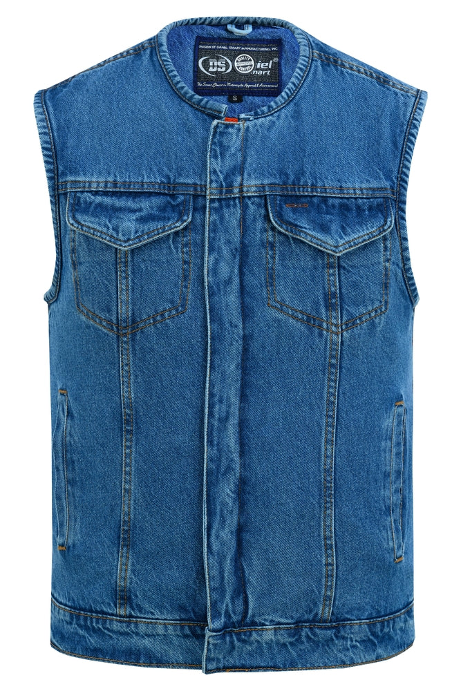 A high-quality blue sleeveless denim jacket, featuring Daniel Smart's concealed snaps, hidden zipper, and button closures without a collar, with two chest pockets and reinforced shoulder support, displayed against a white background.