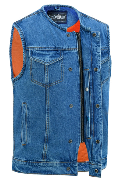 Introducing the Daniel Smart Concealed Snaps Denim Jacket: a sleeveless design with a hidden front zipper and button closure. It features two chest pockets, concealed gun pockets, reinforced shoulder support, and an orange lining for added style. This jacket is crafted from quality denim material and is designed without a collar for a modern look.