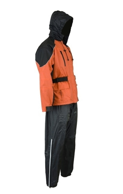 A mannequin dressed in a Daniel Smart Rain Suit (Orange) with an attached hood and matching waterproof pants.