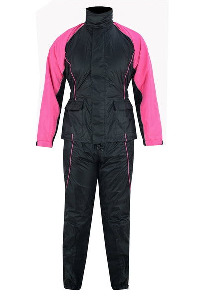 The Daniel Smart Women's Rain Suit (Hot Pink) is a black and pink waterproof motorcycle suit that features a full front zipper, two front pockets, elastic ankles and wrists, and reflective piping for enhanced visibility. An adjustable web belt ensures a secure fit.