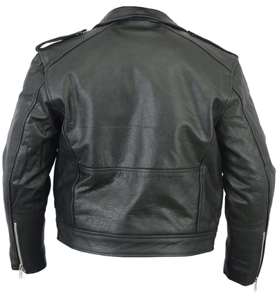 Back view of the Daniel Smart Unisex Kid's M/C Style Jacket on a plain background. Crafted from soft drum dyed goat skin, the black leather jacket features a plain design with shoulder epaulets and zippered cuffs.