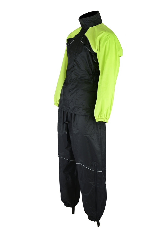 A black and neon green waterproof Daniel Smart Rain Suit (Hi-Viz Yellow) displayed on a mannequin against a white background.