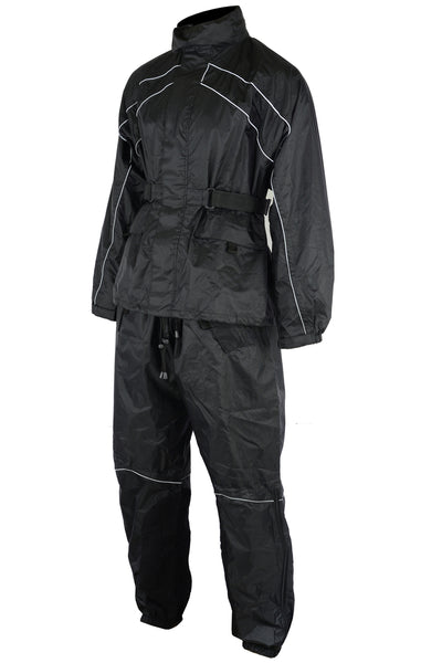 The Daniel Smart Rain Suit is a black full-body rain suit with reflective white piping, featuring a high collar, adjustable web belts on the jacket, and elastic cuffs on the sleeves and pants. This waterproof outfit ensures you stay dry and visible in any weather conditions.