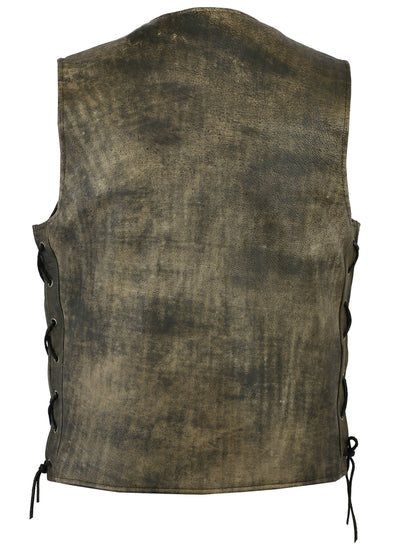 Rear view of the Daniel Smart Men's Antique Brown Single Back Panel Concealed Carry Vest, featuring side laces for a stylish and functional concealed carry option.