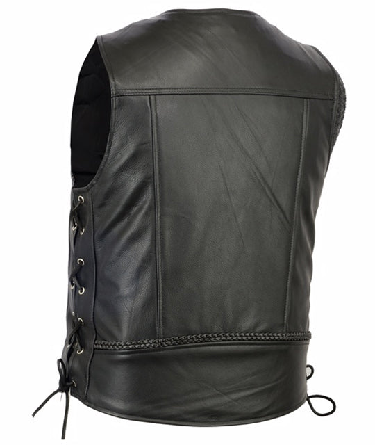 The image shows the back of a Daniel Smart Men's Braided Vest in black, featuring side lacing and intricate braided detailing along the bottom edge.