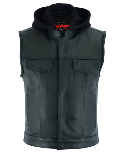 Black Daniel Smart Concealed Snaps motorcycle vest with multiple pockets and a red logo on the inner collar, displayed against a white background.