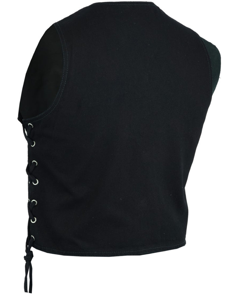 The Daniel Smart Kid's Denim Side Lace Vest is a black sleeveless vest with lace-up sides and metal eyelets, made from durable denim material, shown from the back.