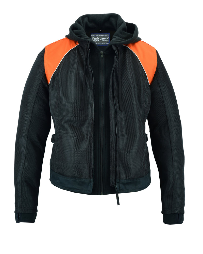 Daniel Smart Women's Mesh 3-in-1 Riding Jacket (Black/Orange) with zipper closure and armor pockets.