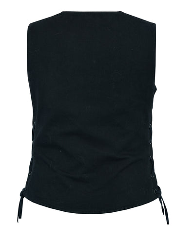 Black sleeveless Daniel Smart Women's Denim Longer Body &frac34; Vest with side lacing details, displayed against a white background.