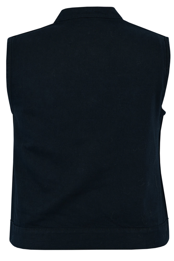 Back view of a Daniel Smart Women's Advance Black Construction Denim Vest with a collar and a handy cellphone pocket.