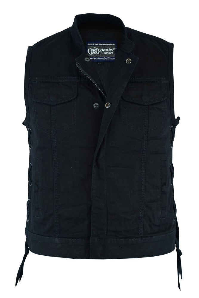 The Daniel Smart Women's Advance Side Laces Black Construction Denim Vest is a black denim biker vest for women, featuring two chest pockets, concealed weapon gun pockets, and side lace-up details. It includes both front button and zipper closures, along with an upright collar. Perfect for bike vest enthusiasts.