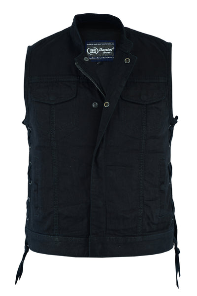 The Daniel Smart Women's Advance Side Laces Black Construction Denim Vest is a black denim biker vest for women, featuring two chest pockets, concealed weapon gun pockets, and side lace-up details. It includes both front button and zipper closures, along with an upright collar. Perfect for bike vest enthusiasts.