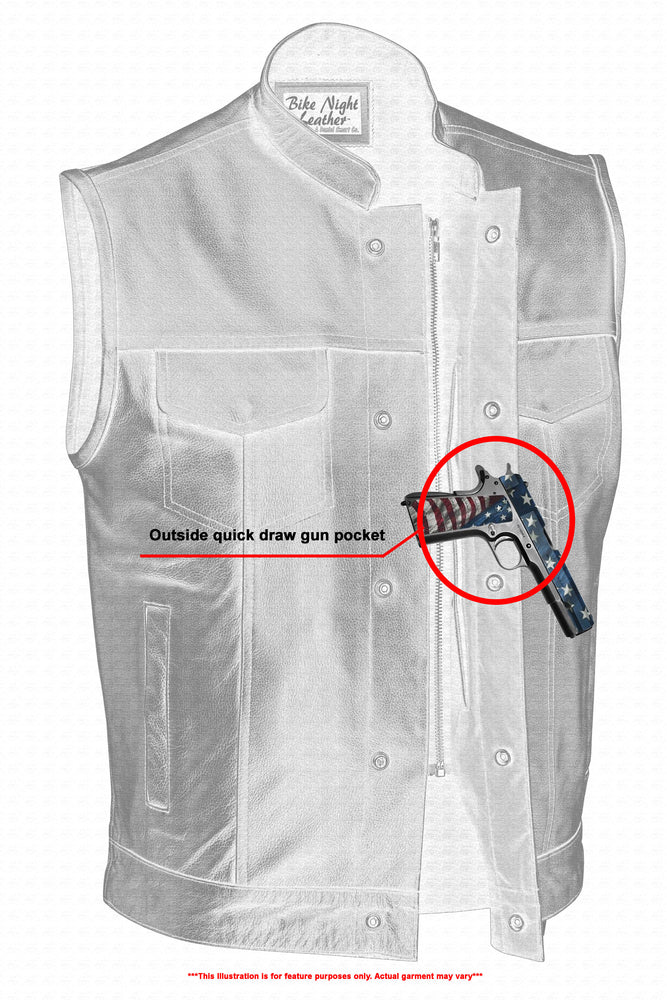 Illustration of a white leather biker vest featuring multiple pockets, including a highlighted outside quick-draw gun pocket containing a Daniel Smart Concealed Snap Closure, Scoop Collar & Hidden Zipper.