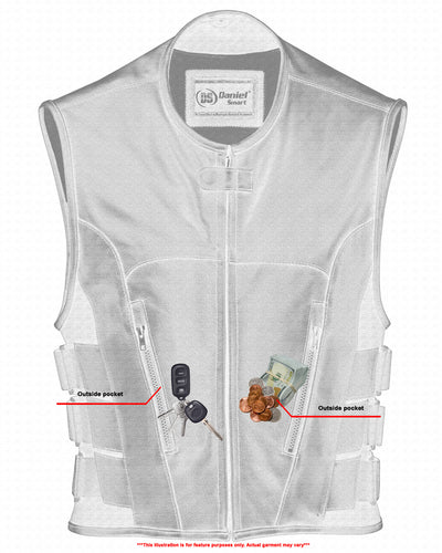 Daniel Smart Men's Updated SWAT Team Style Vest featuring multiple concealed carry pockets with a zipper closure and items like keys and coins in the outer pockets, marked by labels.