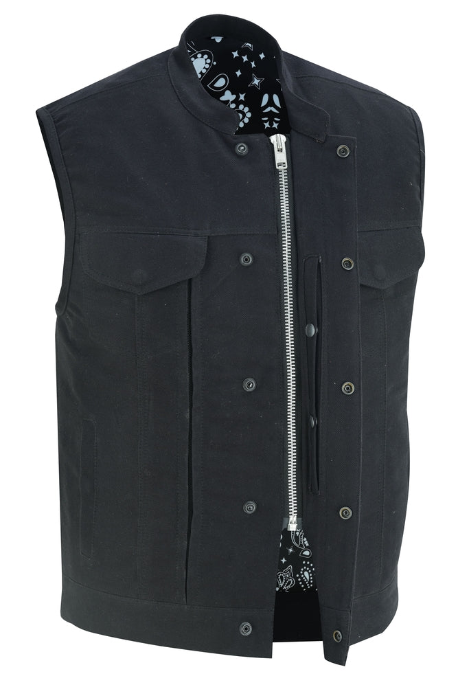 A Daniel Smart Men's Modern Utility Style Canvas Vest made from durable canvas material, featuring a front zipper, button closures, and flap pockets. The interior boasts a monochrome patterned lining with reinforced shoulder support for added durability.