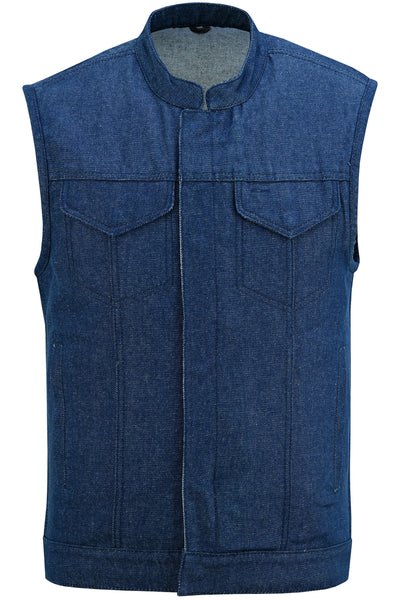 A Daniel Smart Men's Blue Rough Rub-Off Raw Finish Denim vest with front button closure, reinforced shoulder support, and two chest pockets.