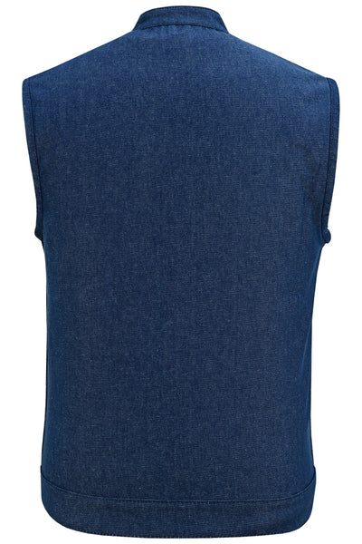 Back view of a Daniel Smart Men's Blue Rough Rub-Off Raw Finish Denim Vest with reinforced shoulder support and a collar, displayed on a featureless background.