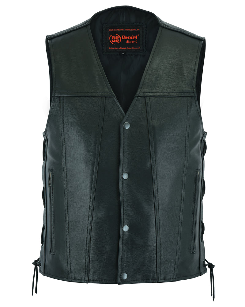 Daniel Smart Men's Single Back Panel Concealed Carry Vest with button closure, side laces, and concealed carry option.