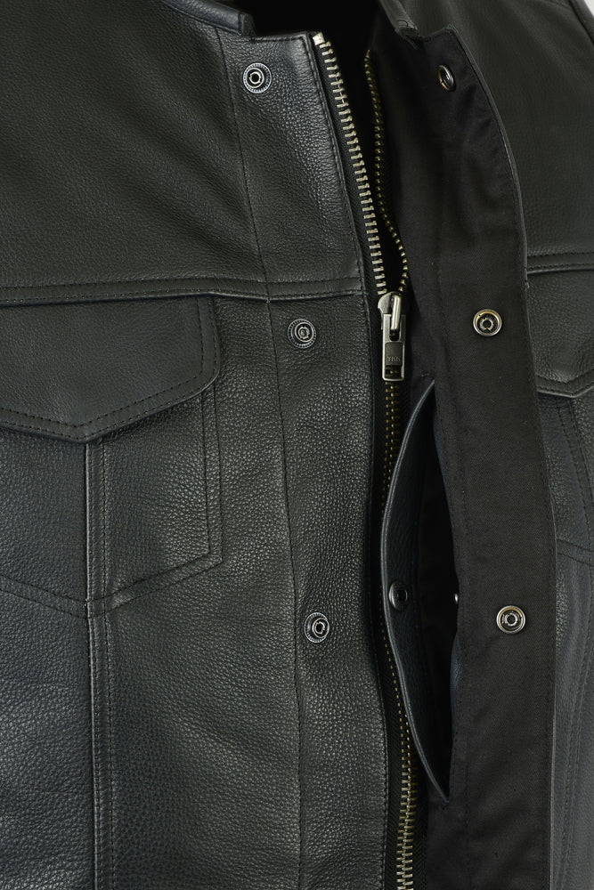 Close-up of a black leather jacket with a partially zipped front, showing detailed stitching and buttoned pocket flaps. This design mimics the rugged style of Daniel Smart Upgraded Style Gun Pockets, Hidden 10'' Gun Metal Zipper, Side, providing an edgy yet functional look.