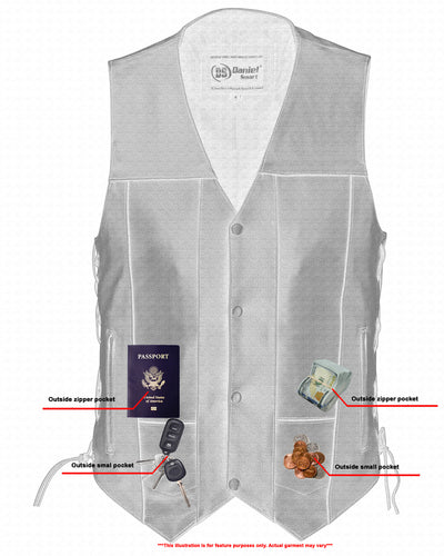 Daniel Smart Men's Ten Pocket Utility Vest highlighting various pockets for a passport, money, keys, and other items including conceal carry pockets.