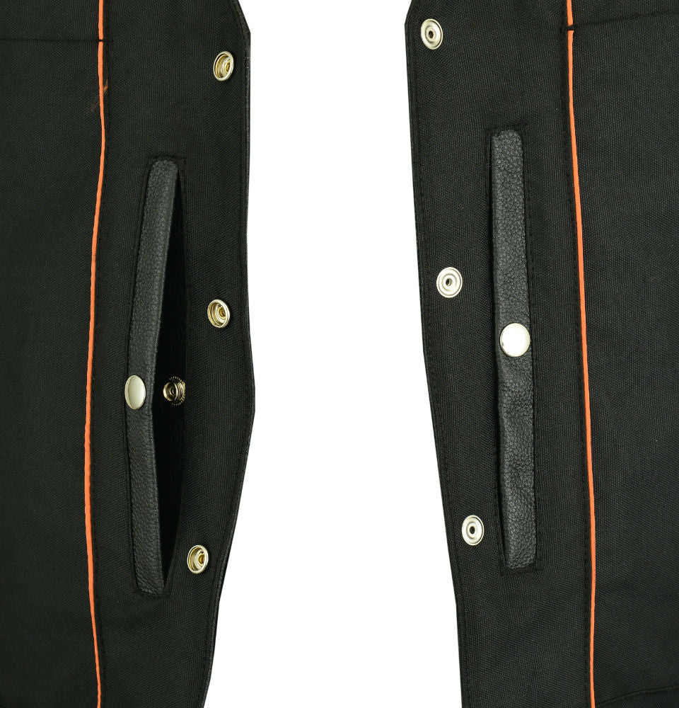Close-up of a Daniel Smart Men's Single Back Panel Concealed Carry Vest (Buffalo Nickel Edition) with orange stitching and buttoned flap concealed carry pockets.