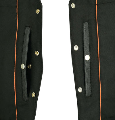 Close-up of a Daniel Smart Men's Single Back Panel Concealed Carry Vest (Buffalo Nickel Edition) with orange stitching and buttoned flap concealed carry pockets.