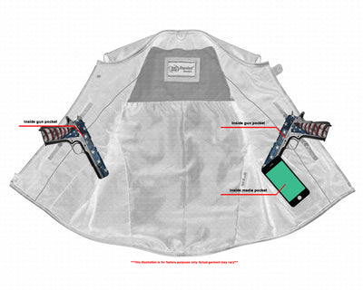 Sentence with product name: Daniel Smart Men's Updated SWAT Team Style Vest laid flat with concealed carry pockets; one pocket holds a smartphone, the other two have handguns. Notation clarifies non-promotional use and warns of gun portrayal accuracy.