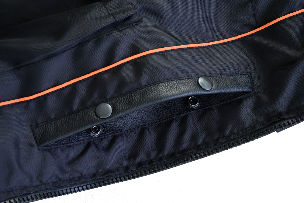 Close-up of a Daniel Smart Men's Updated SWAT Team Style Vest with orange trim, showing a detail of the zipper area with two snap buttons.