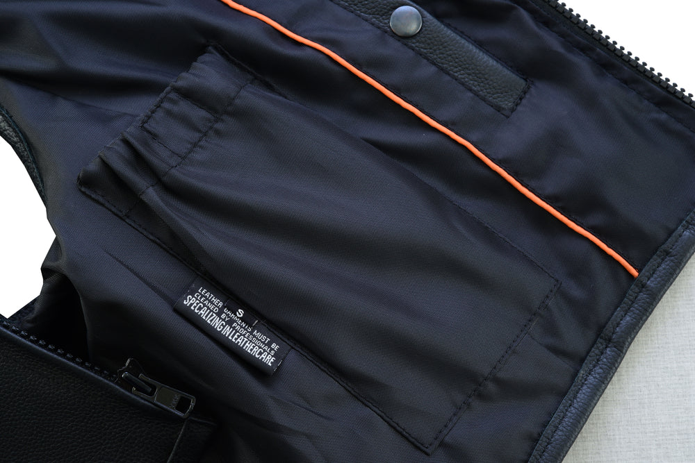 Close-up of a Daniel Smart Men's Updated SWAT Team Style Vest with an orange zipper detail and a washing instruction label visible inside.