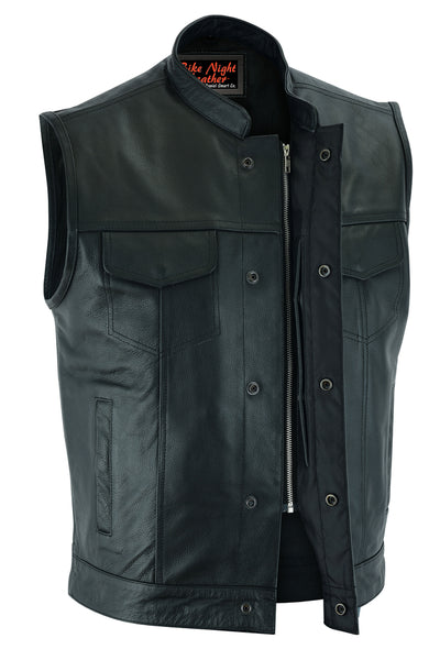 Men's black leather motorcycle vest with Daniel Smart Concealed Snap Closure, Scoop Collar & Hidden Zipper closure, featuring multiple pockets.