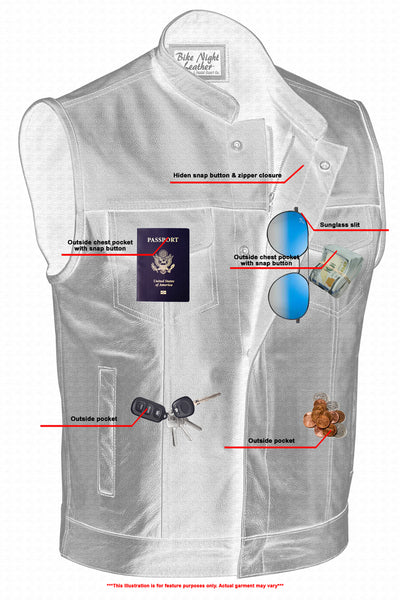 Illustration of a gray men's Daniel Smart Concealed Snap Closure, Scoop Collar & Hidden Zipper motorcycle vest with multiple labeled pockets, holding items like sunglasses, passport, and a wallet.