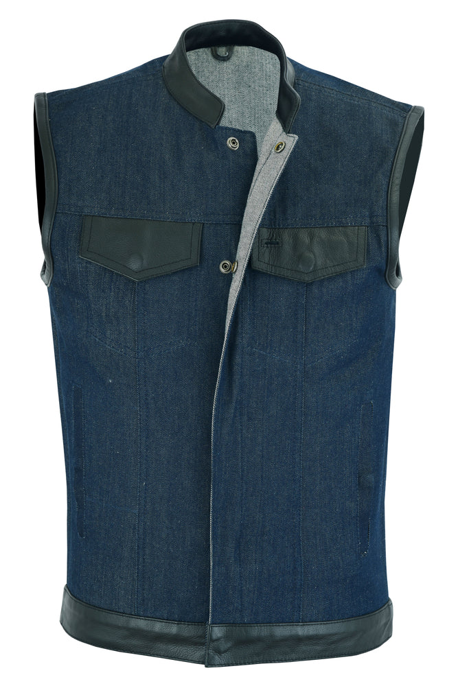 Daniel Smart Men's Broken Blue RoughRub-Off Raw Finish Denim Vest W/Leather