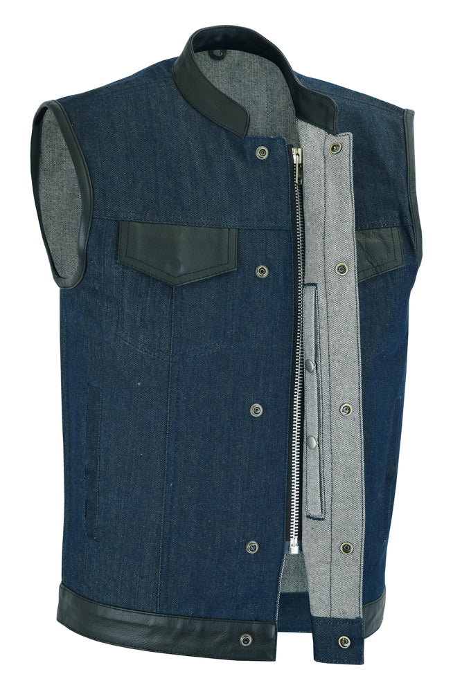 Daniel Smart Men's Broken Blue RoughRub-Off Raw Finish Denim Vest W/Leather