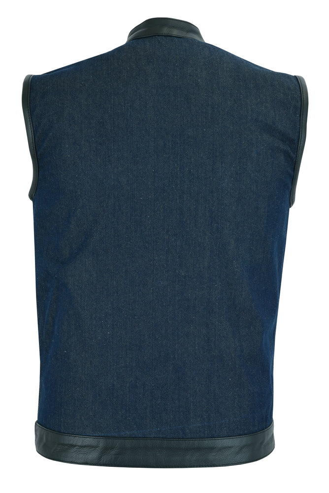 Daniel Smart Men's Broken Blue RoughRub-Off Raw Finish Denim Vest W/Leather
