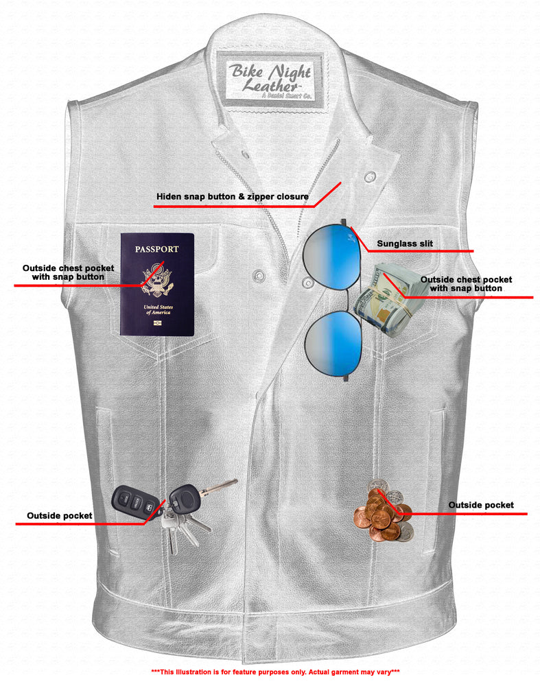 White cowhide leather vest labeled with various features including concealed carry pockets, a hidden snap button and zipper closure, multiple compartments for a passport, sunglasses, coins, car keys, and a slit for sunglasses. Perfect biker gear for on-the-road convenience. Introducing the Daniel Smart Concealed Snap Closure, Without Collar & Hidden Zipper.